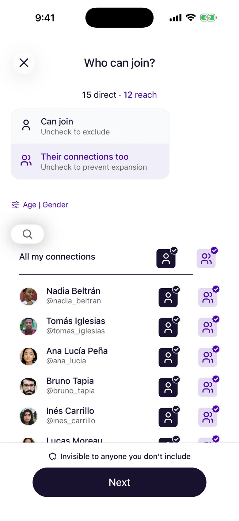 Creating a plan: choosing which connections can join, and whether their friends can too