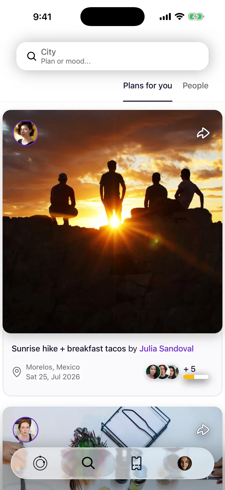 The MoodPlans plan feed: upcoming private plans put up by your connections