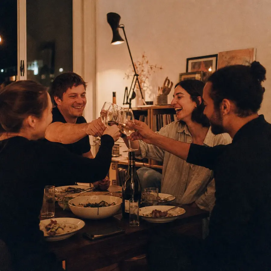 Friends raising a toast at a small dinner gathering